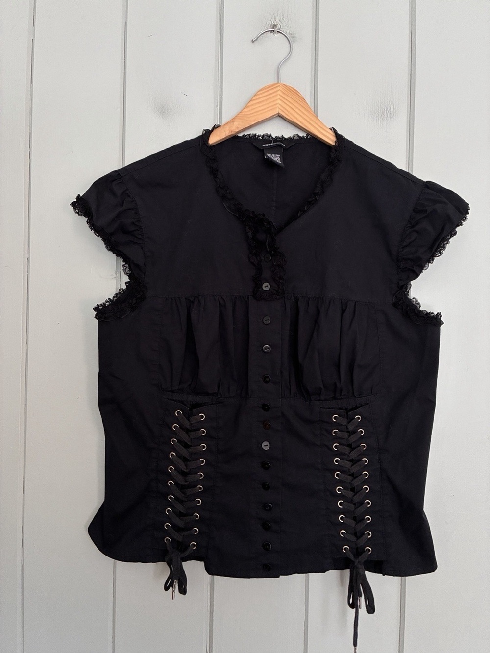 Moda International Top L Large Black Corset Gothic Lace-Up Button Front Y2K